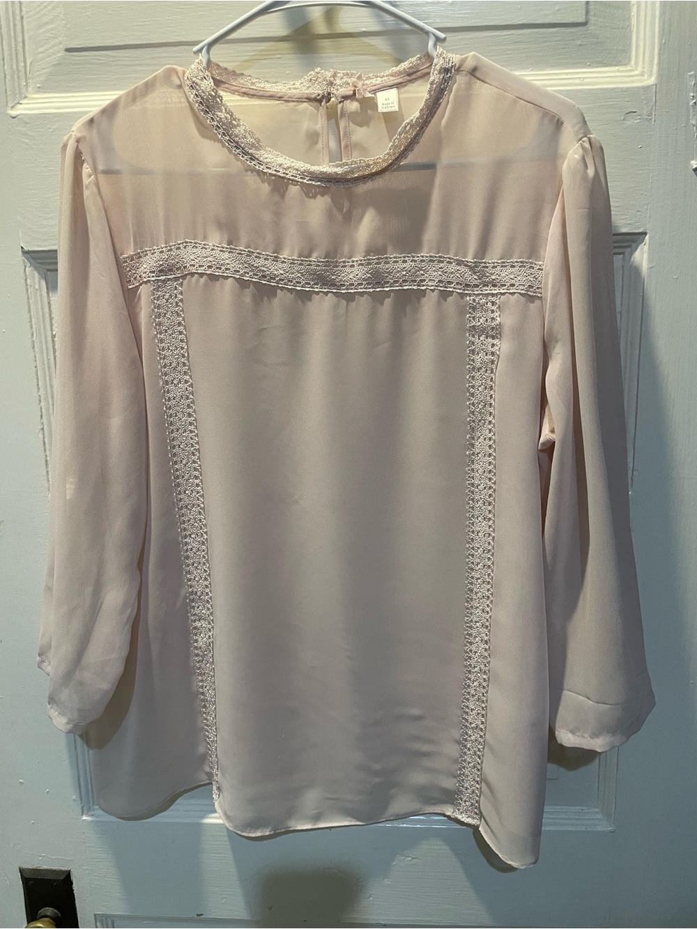 Women's Lace-Trim Long Sleeve Blouse - Blush, Size XL
